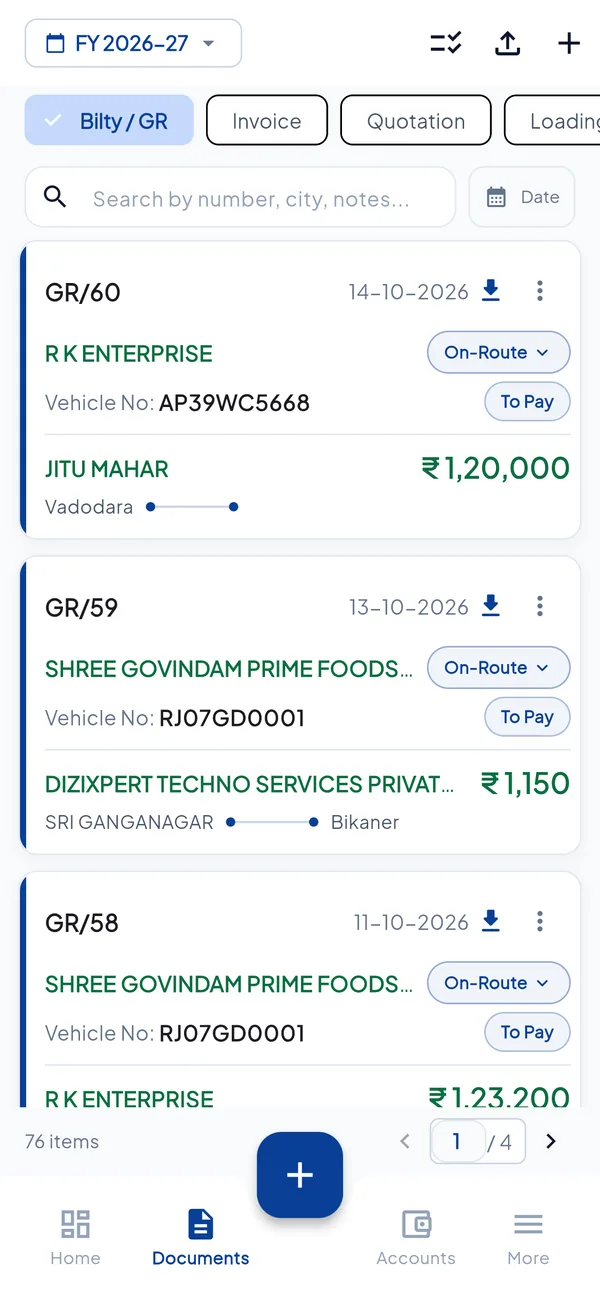 LReasy mobile app bilty list with consignor, vehicle number, route and freight amount