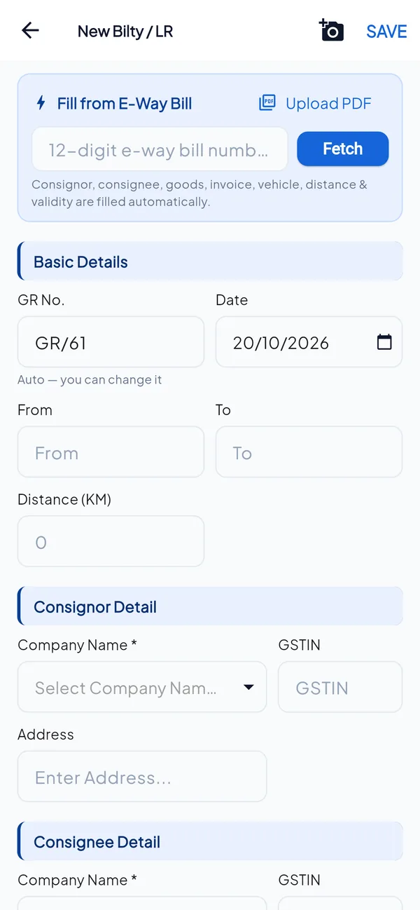 LReasy mobile app new bilty form with fill from e-way bill option