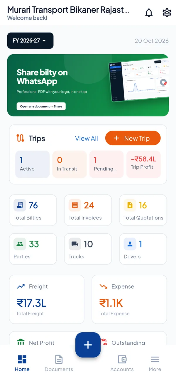 LReasy mobile app dashboard showing trips summary, bilty, invoice and freight totals
