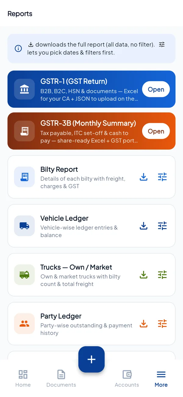 LReasy mobile app reports screen with GSTR-1, GSTR-3B and ledger reports